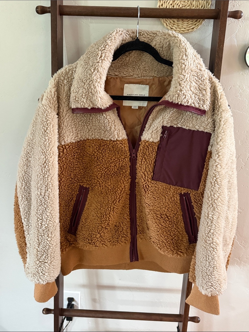 American Eagle Cream Sherpa Jacket with Brown Lining and Maroon Trim